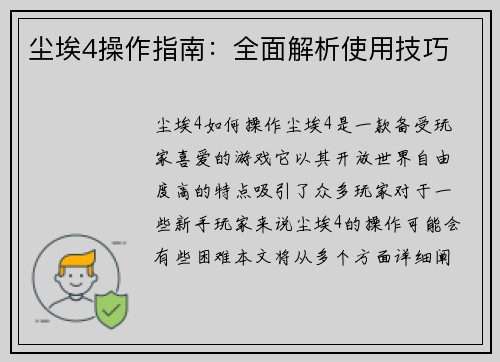 尘埃4操作指南：全面解析使用技巧